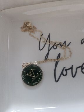 Trunks & Bags Small One Sided Gold Chain with Dark Green Enamel With Chain.